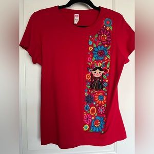 Mexican Motif Embroidered Appliqué NWOT Size L Red Shirt